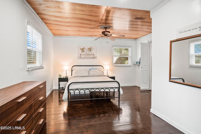 bedroom featuring crown molding, dark hardwood / wood-style flooring, and wooden ceiling