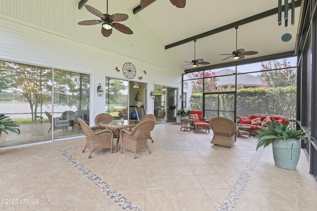 102 Lake Somerset Cir, Bluffton, SC 29909 - sunroom featuring high vaulted ceiling, ceiling fan, an outdoor hangout area, and beamed ceiling