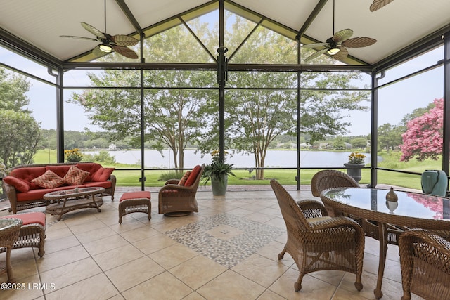 102 Lake Somerset Cir, Bluffton, SC 29909 - sunroom / solarium featuring a ceiling fan, a water view, and vaulted ceiling