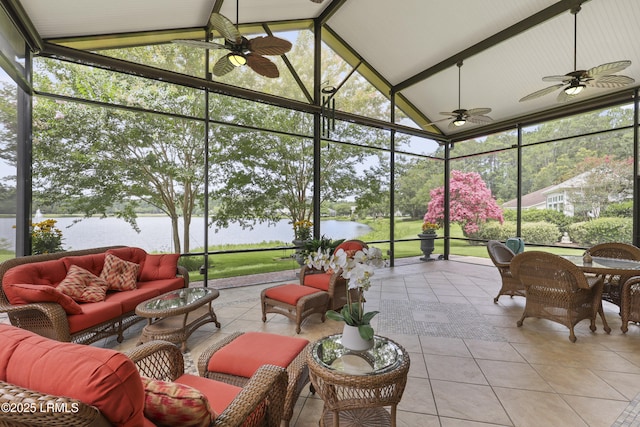 102 Lake Somerset Cir, Bluffton, SC 29909 - sunroom with ceiling fan, a water view, vaulted ceiling, and an outdoor living space