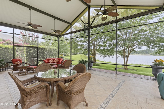 102 Lake Somerset Cir, Bluffton, SC 29909 - sunroom with ceiling fan, a water view, vaulted ceiling, and an outdoor hangout area