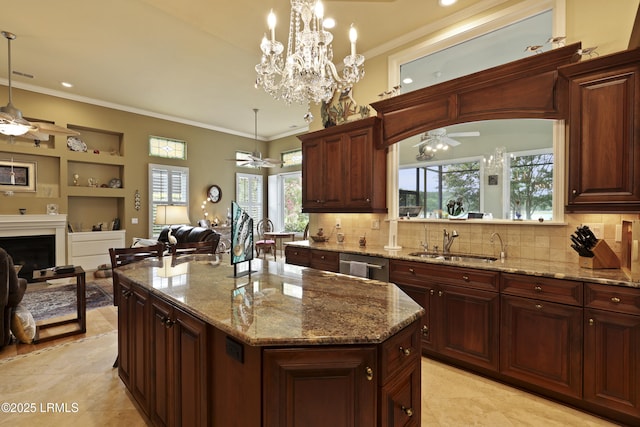 102 Lake Somerset Cir, Bluffton, SC 29909 - kitchen featuring ceiling fan, ornamental molding, dishwasher, a fireplace, and light tile patterned flooring