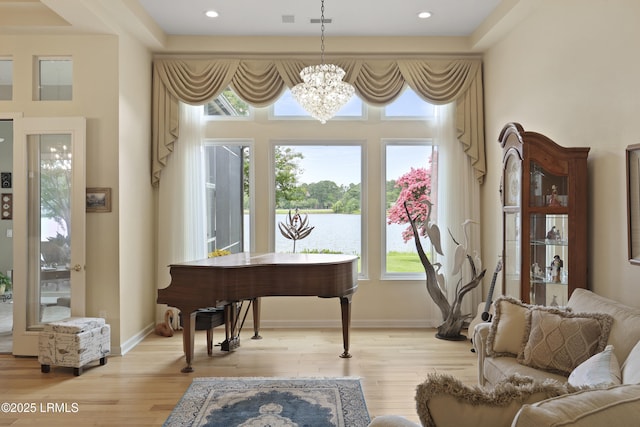 102 Lake Somerset Cir, Bluffton, SC 29909 - office area featuring a chandelier, light wood-type flooring, a water view, and recessed lighting