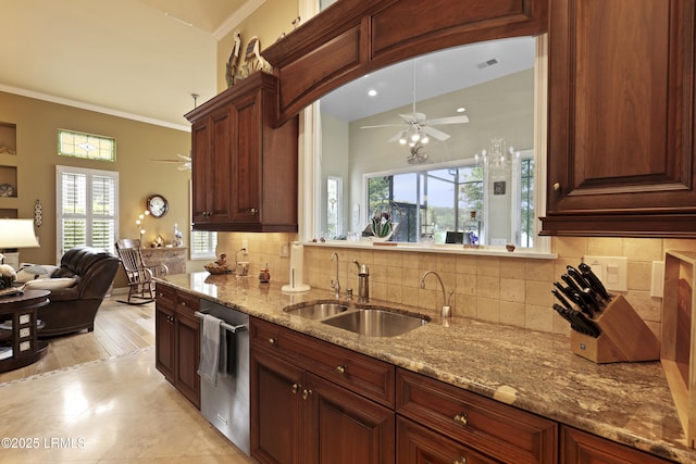 102 Lake Somerset Cir, Bluffton, SC 29909 - kitchen featuring ceiling fan, stainless steel dishwasher, open floor plan, light stone counters, and crown molding