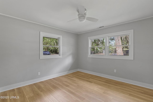 empty room featuring baseboards, a healthy amount of sunlight, and light wood finished floors