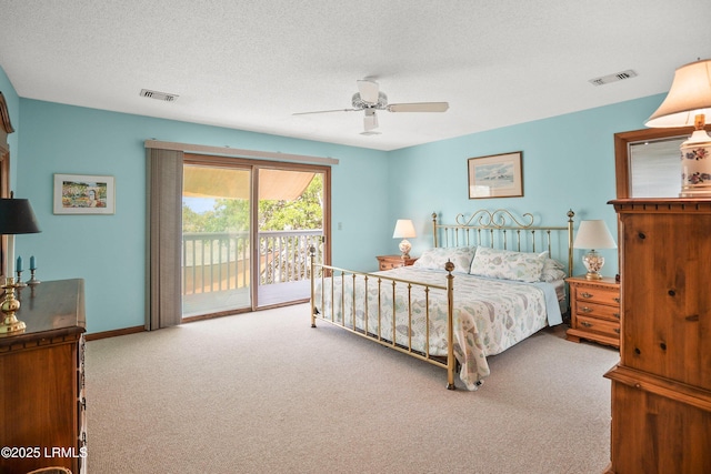 bedroom with visible vents, carpet flooring, ceiling fan, and access to outside