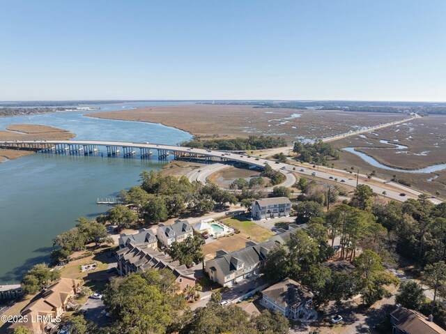 drone / aerial view with a water view