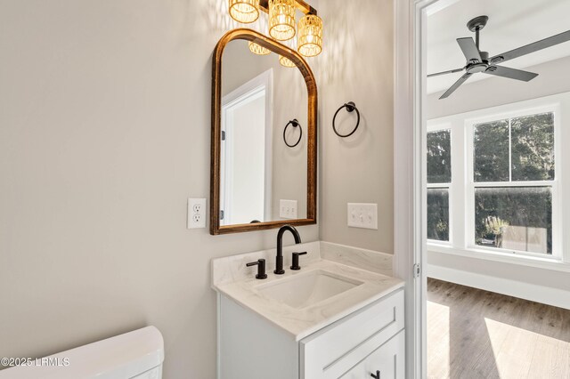 100 Battery Creek Club Dr, Beaufort, SC 29902 - bathroom with vanity, wood finished floors, toilet, and a ceiling fan