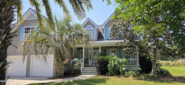 view of front of house featuring a porch, driveway, an attached garage, and a front lawn
