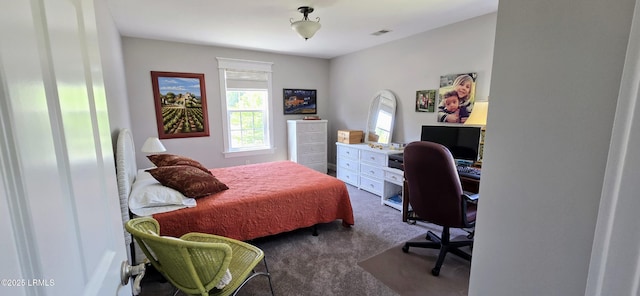 bedroom featuring carpet floors and an office area