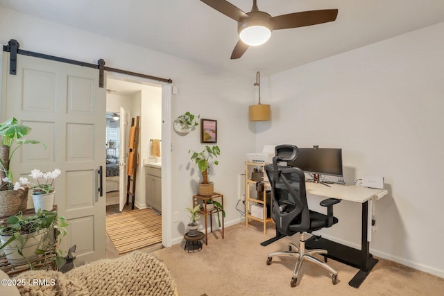 carpeted home office with ceiling fan and a barn door