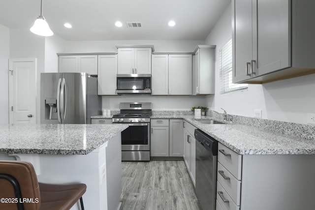 74 Keowee Ln, Beaufort, SC 29906 - kitchen with appliances with stainless steel finishes, gray cabinets, light wood-style flooring, light stone counters, and recessed lighting
