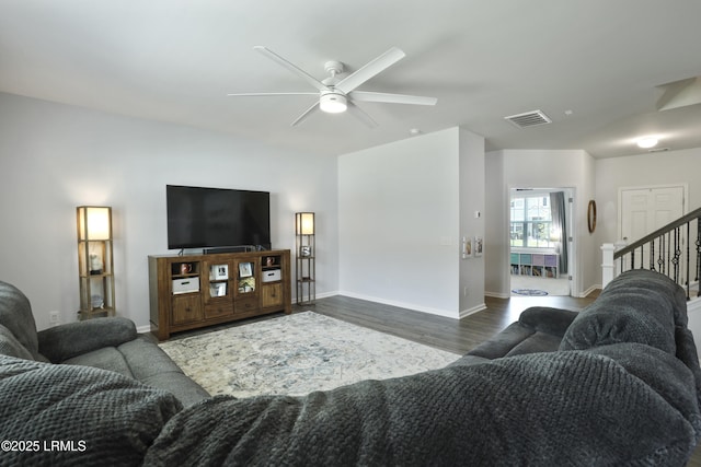 74 Keowee Ln, Beaufort, SC 29906 - living area featuring wood finished floors, a ceiling fan, and stairs