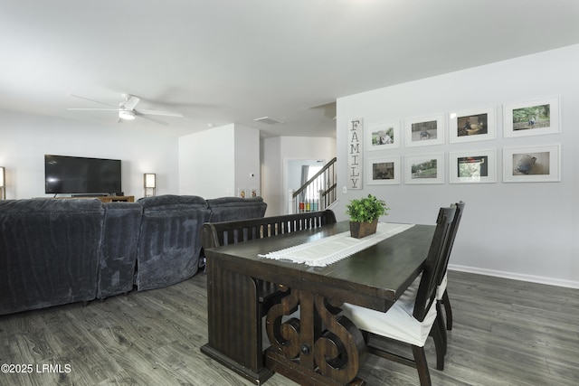 74 Keowee Ln, Beaufort, SC 29906 - dining space featuring wood finished floors, ceiling fan, and stairs