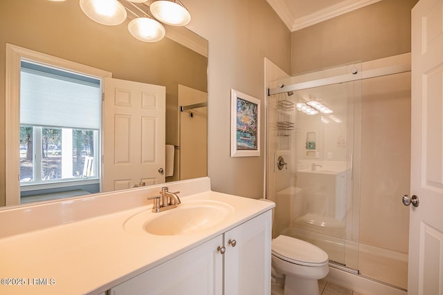 1348 Rowland Dr, Saint Helena Island, SC 29920 - bathroom with vanity, ornamental molding, a shower with door, and toilet