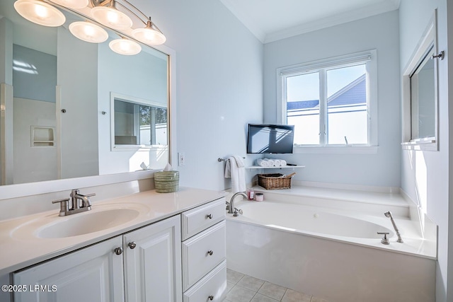 1348 Rowland Dr, Saint Helena Island, SC 29920 - bathroom with crown molding, vanity, a bath, and tile patterned flooring