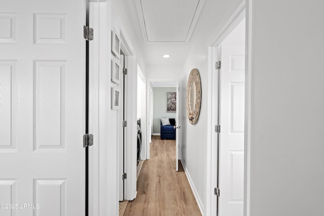 108 Harbor Dr N, Harbor Island, SC 29920 - hall with attic access, light wood-style floors, baseboards, and recessed lighting