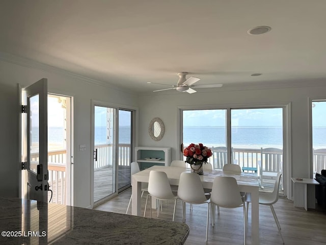 108 Harbor Dr N, Harbor Island, SC 29920 - dining space featuring ornamental molding, light wood-style flooring, a ceiling fan, and a water view