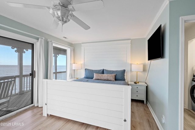 108 Harbor Dr N, Harbor Island, SC 29920 - bedroom with light wood-type flooring, access to outside, crown molding, a water view, and ceiling fan