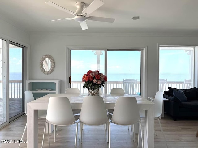 108 Harbor Dr N, Harbor Island, SC 29920 - dining area featuring plenty of natural light, ceiling fan, ornamental molding, and light wood-type flooring