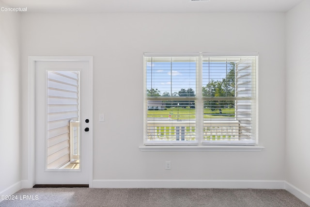 doorway to outside with carpet flooring