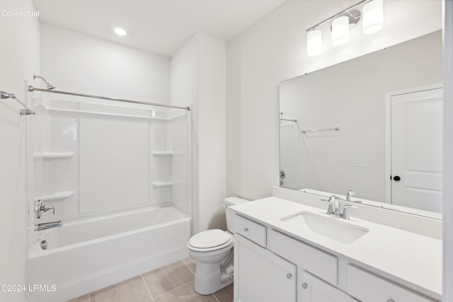 full bathroom with shower / washtub combination, vanity, tile patterned floors, and toilet