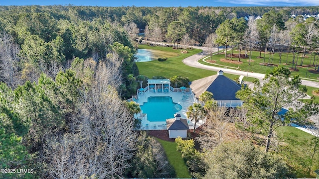 bird's eye view with a wooded view