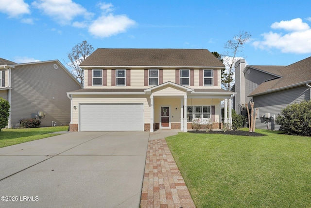 view of front of home featuring driveway, covered porch, a front yard, a shingled roof, and a garage