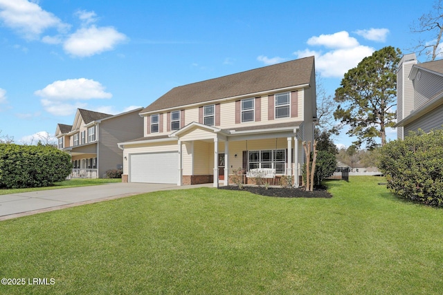 view of front facade with a front yard, a garage, covered porch, and driveway