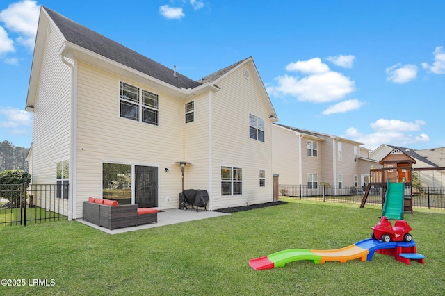 back of house featuring a playground, fence, roof with shingles, a yard, and a patio