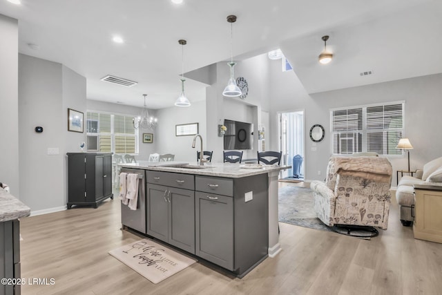 kitchen with decorative light fixtures, gray cabinetry, stainless steel dishwasher, light stone counters, and a center island with sink