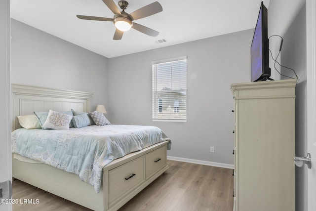 bedroom with light hardwood / wood-style flooring and ceiling fan