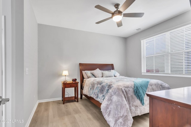 bedroom featuring ceiling fan and light wood-type flooring