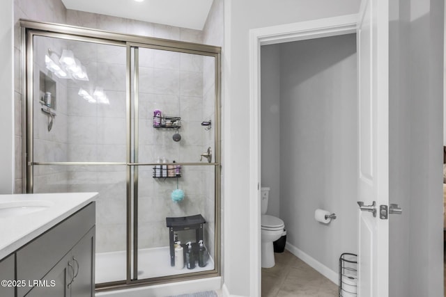 bathroom featuring vanity, tile patterned floors, toilet, and walk in shower