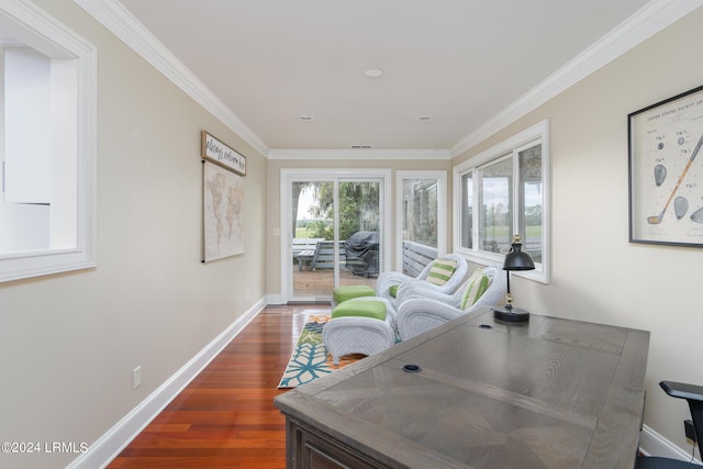 office featuring ornamental molding and dark hardwood / wood-style flooring