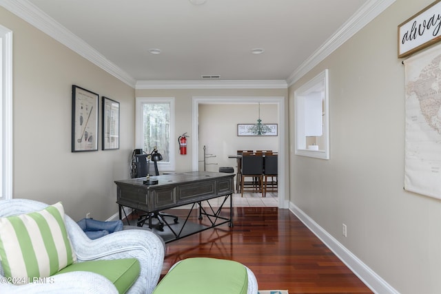 office featuring dark wood-type flooring and ornamental molding