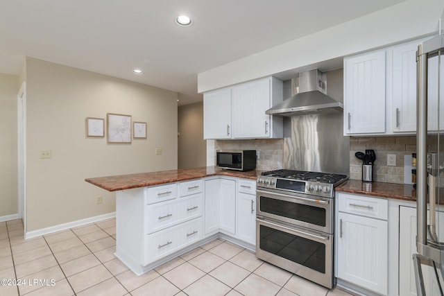 kitchen with white cabinets, stainless steel appliances, kitchen peninsula, and wall chimney range hood