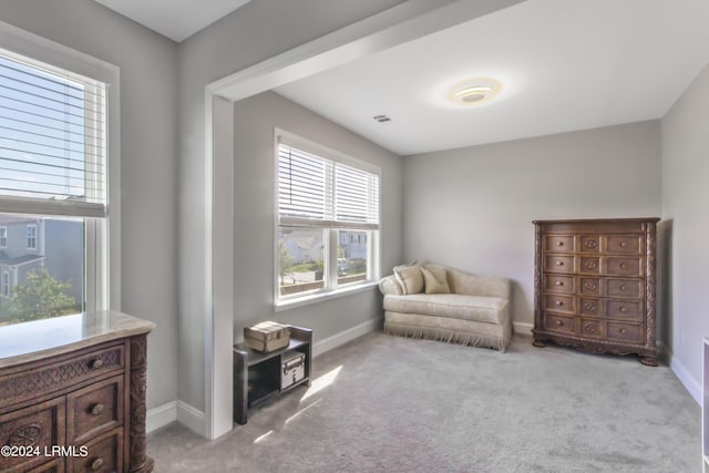 sitting room featuring light carpet