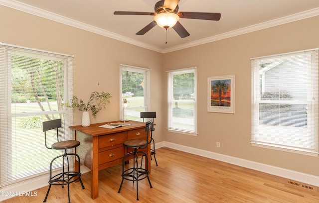 office featuring ornamental molding, ceiling fan, and light wood-type flooring