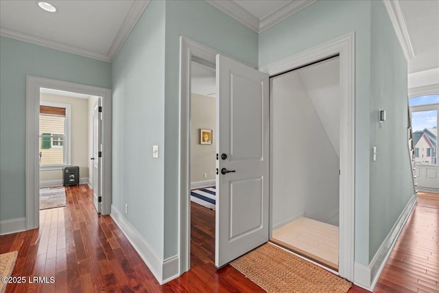 hallway with ornamental molding, dark wood-style flooring, and plenty of natural light