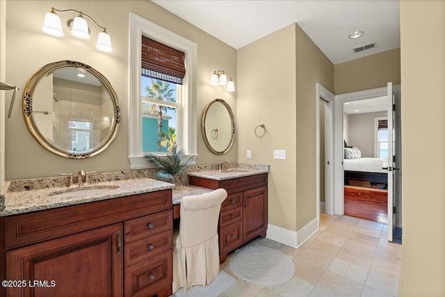 full bathroom featuring baseboards, visible vents, ensuite bathroom, vanity, and recessed lighting