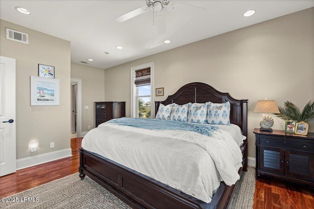 bedroom with dark wood finished floors, recessed lighting, visible vents, a ceiling fan, and baseboards