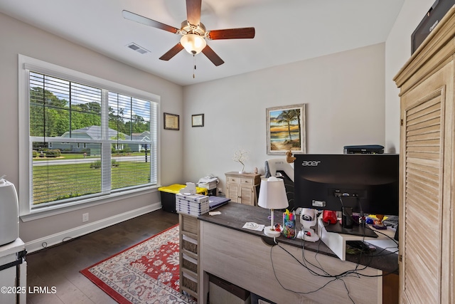 office with visible vents, baseboards, wood finished floors, and ceiling fan