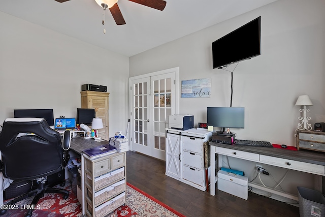 office area featuring french doors, a ceiling fan, and dark wood finished floors