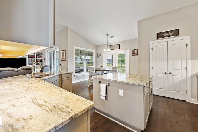 kitchen with visible vents, a sink, dark wood finished floors, vaulted ceiling, and light stone counters