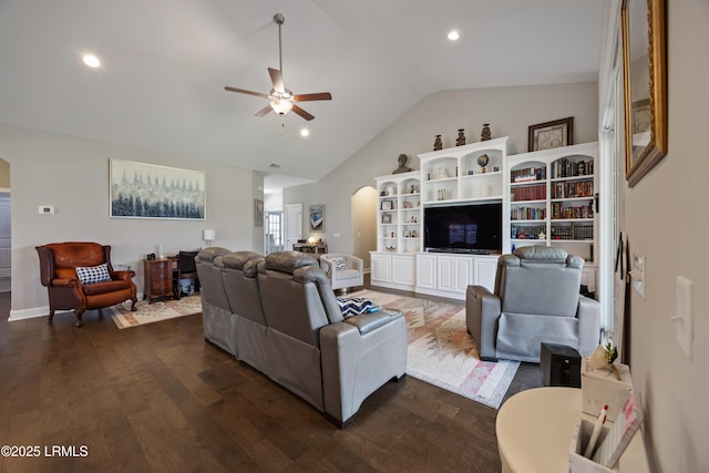 living area featuring recessed lighting, lofted ceiling, dark wood-style flooring, and ceiling fan