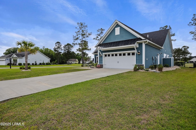 view of home's exterior featuring driveway, metal roof, a garage, a lawn, and a standing seam roof