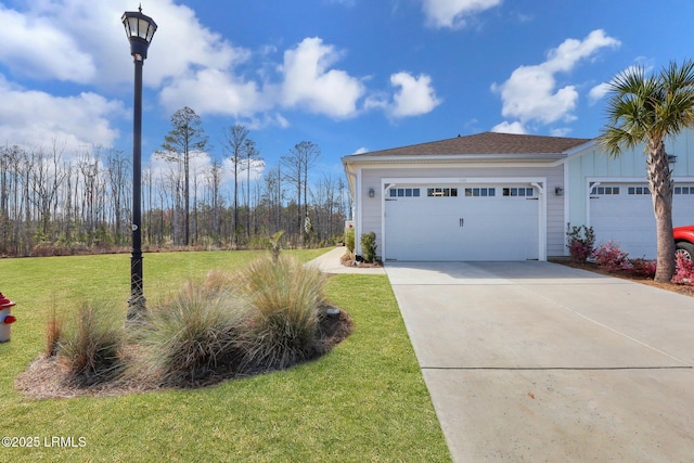 exterior space featuring board and batten siding, a garage, concrete driveway, and a yard