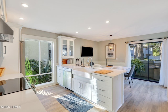 kitchen with pendant lighting, white cabinetry, sink, stainless steel dishwasher, and light hardwood / wood-style flooring