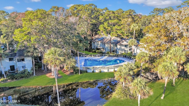 aerial view featuring a water view